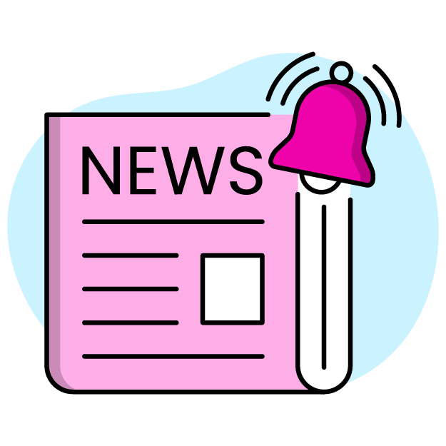 A pink news paper with the word 'NEWS' and a large pink notification bell.