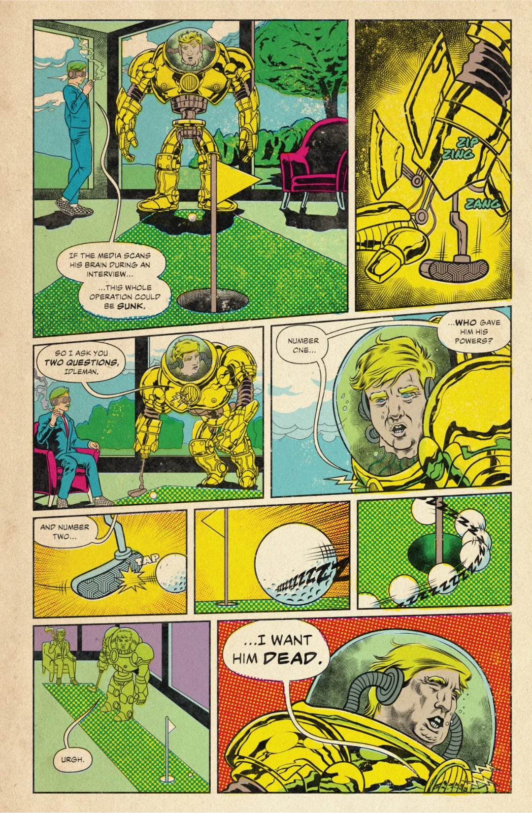 Comic page showing Donald golfing indoors while ordering Carlos killed after learning he could threaten GalactiCorp.