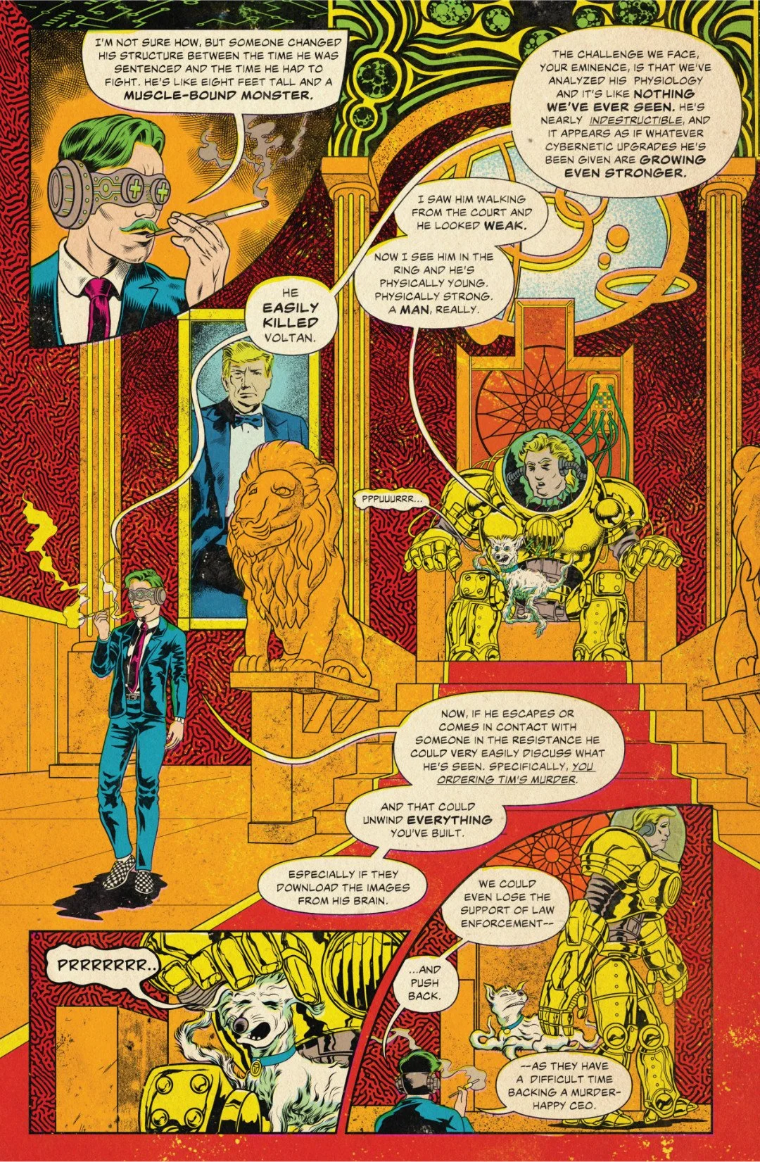 Comic page showing Donald learning Carlos survived, has strange new powers, and may expose GalactiCorp’s crimes if he escapes.