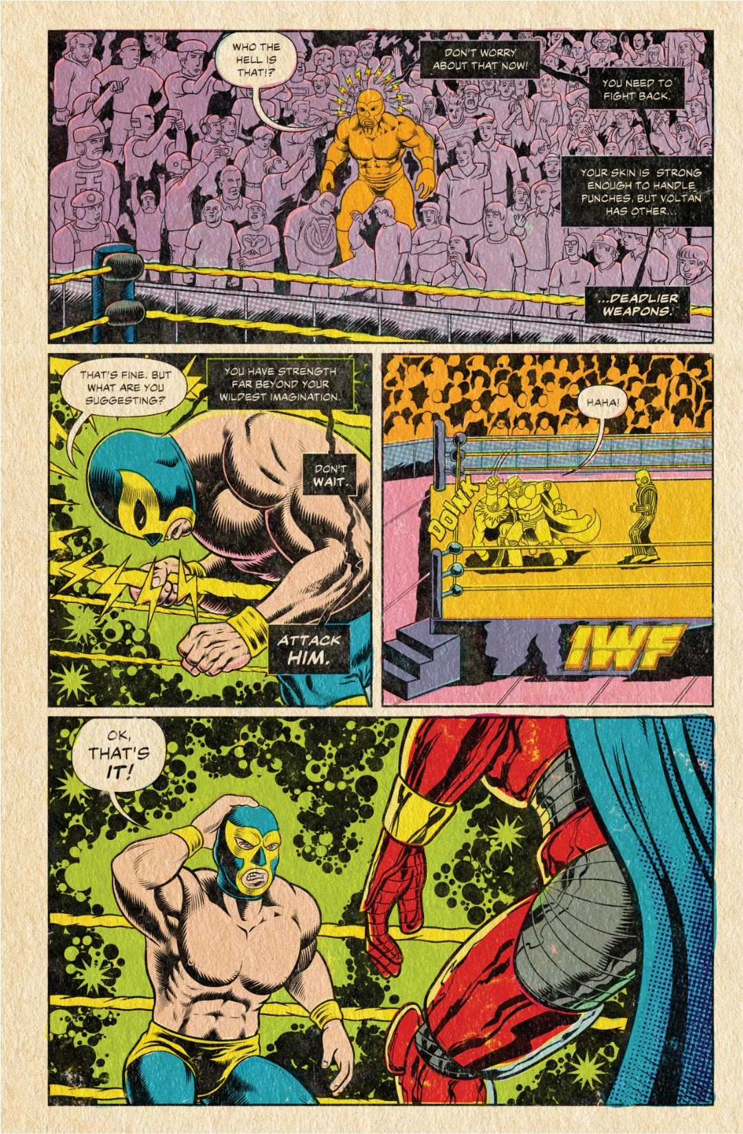 Comic page showing Tu Muerte recovering as a voice tells him to use his new strength and attack Voltan before it is too late.