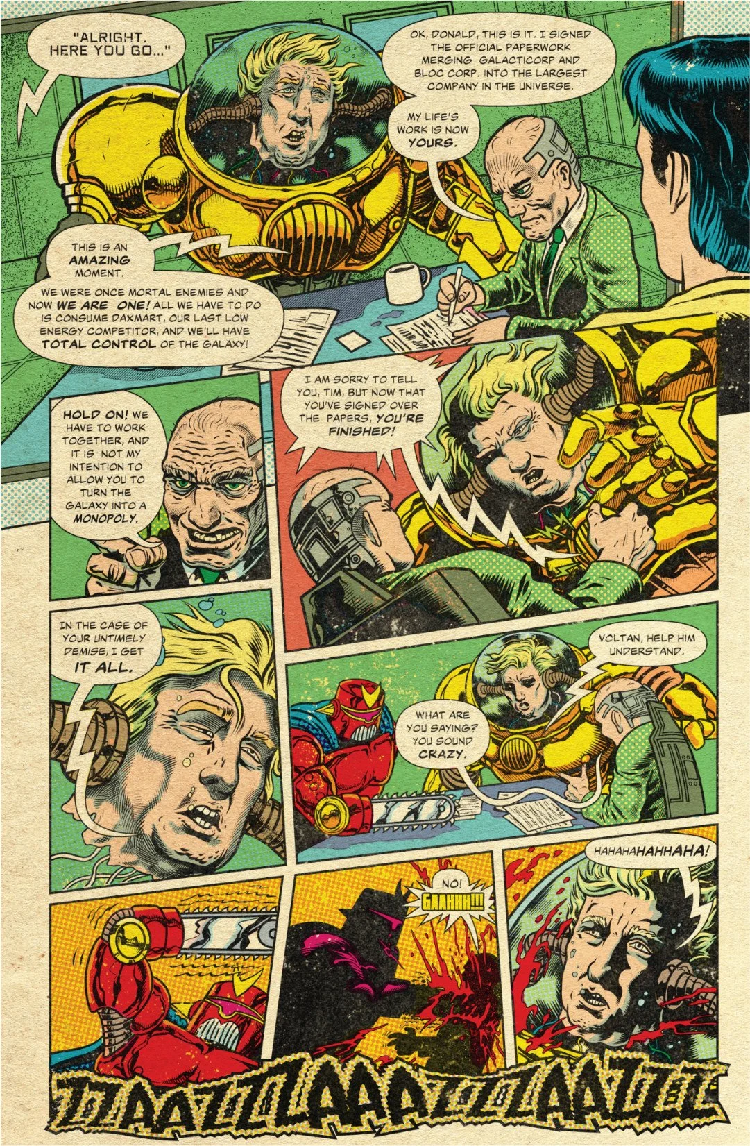 Comic page showing a corporate merger turning violent as a golden executive orders Voltan to attack a rival during a signing meeting.