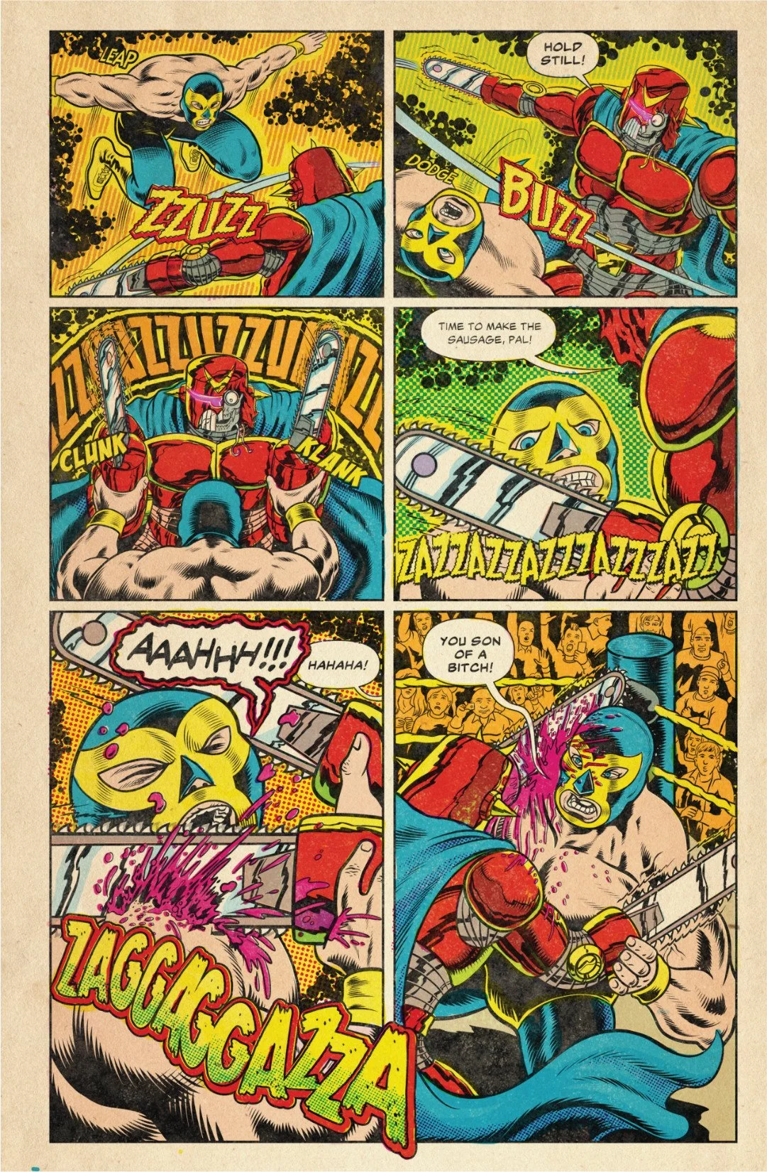Comic page showing Tu Muerte dodging Voltan’s chainsaws, then getting cut across the face and chest during the fight.