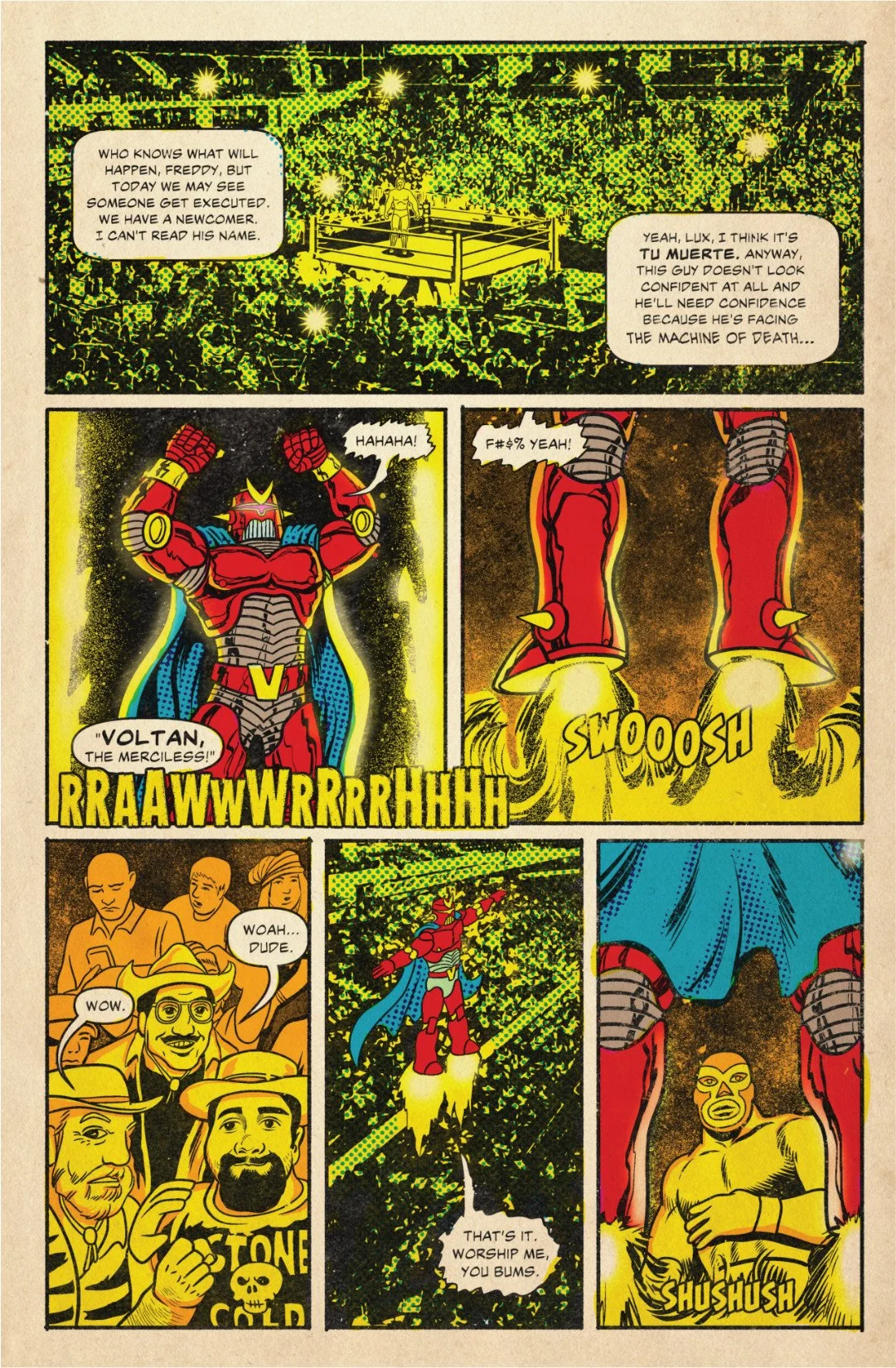 Comic page showing a packed arena as Voltan the Merciless enters with rocket boots, towering above Tu Muerte before their match.