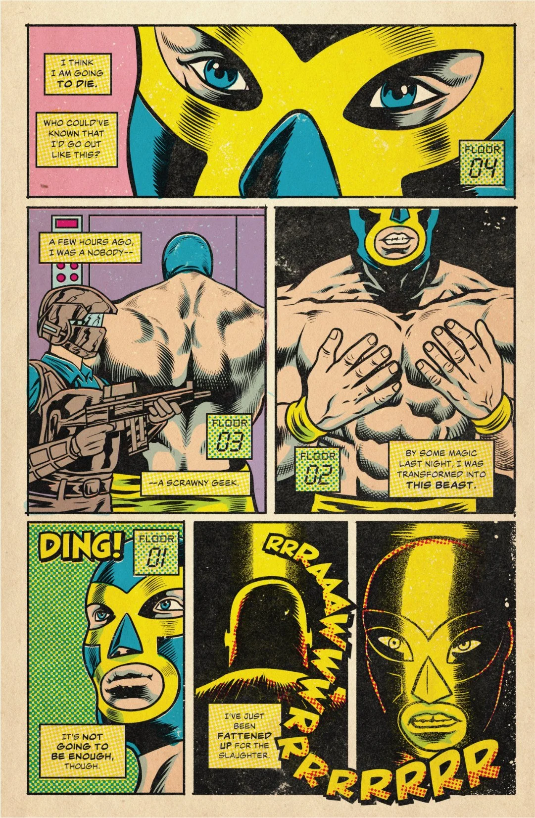 Comic page showing Tu Muerte waking in a strange building, transformed into a powerful masked wrestler as floor numbers count down.