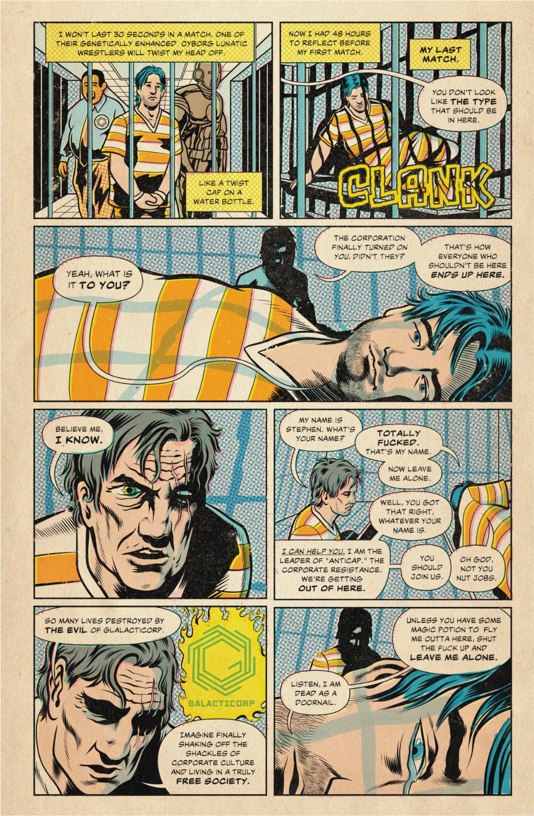 Comic page showing Carlos in prison meeting Stephen, who urges him to join a corporate resistance and escape before his first IWF match.