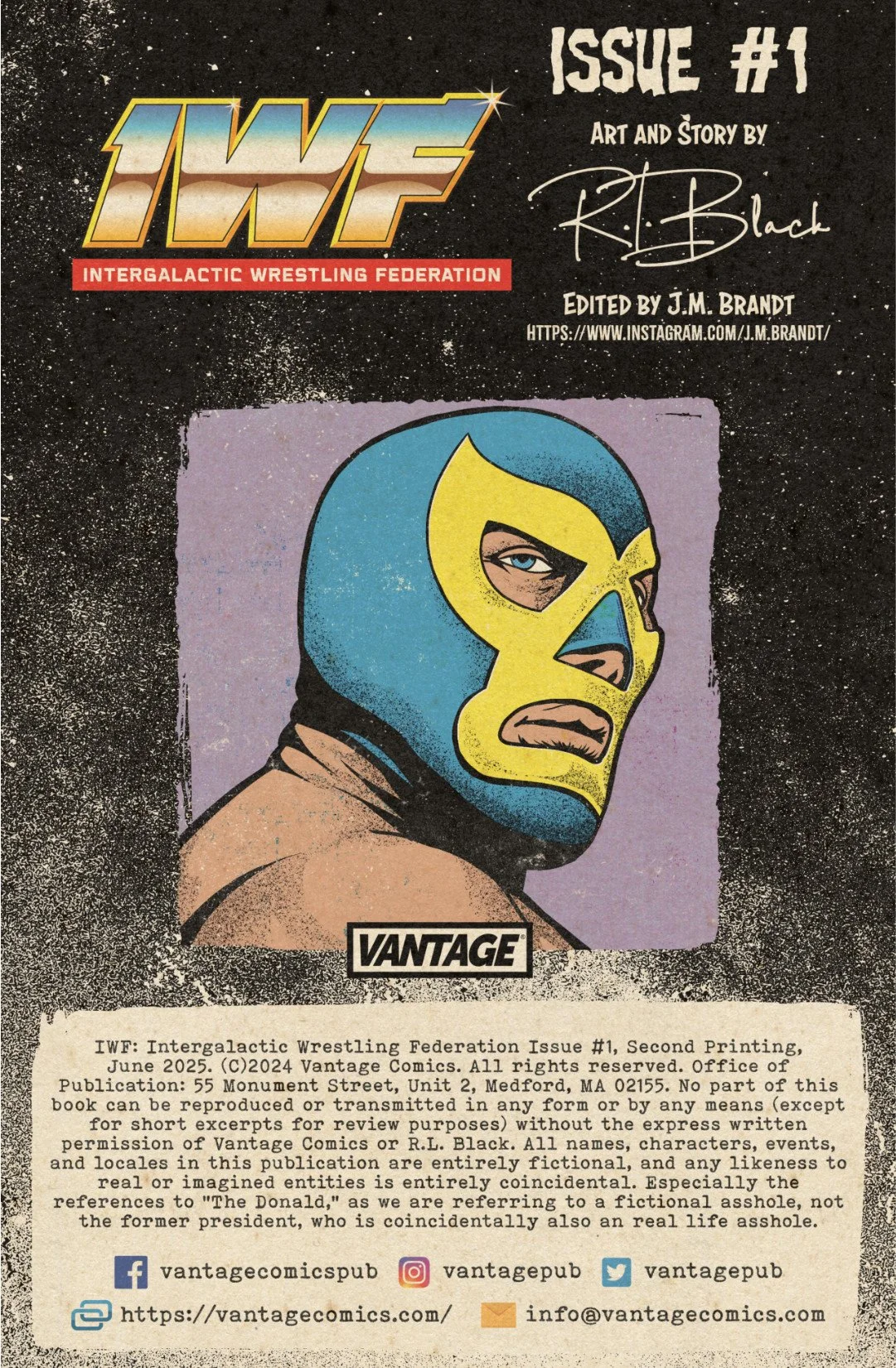 Inside cover for IWF issue 1 with logo, credits, publication details, contact information, and a portrait of masked wrestler Tu Muerte.