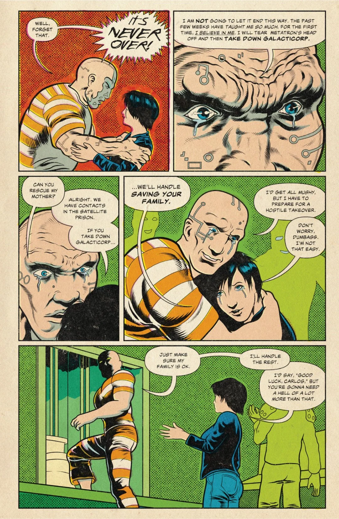 Comic page showing Carlos deciding to fight back, asking Stephanie to save his family, and preparing to face Metatron and GalactiCorp.