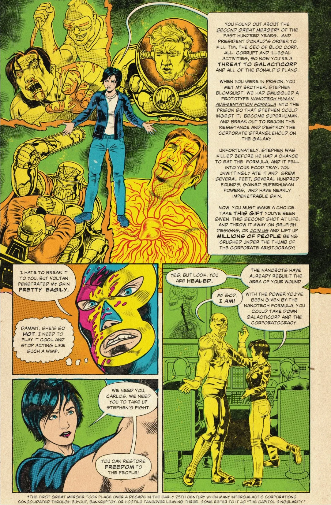 Comic page showing Carlos refusing Stephanie’s mission, arguing he is not a hero, and choosing to return to the IWF despite her warning.
