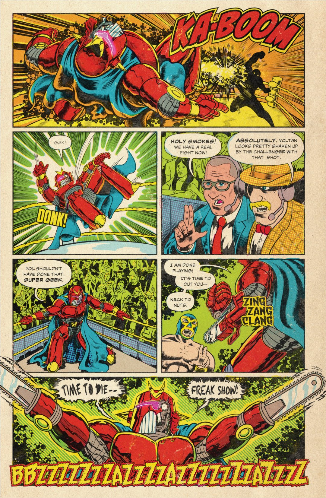 Comic page showing Tu Muerte striking Voltan hard, shocking the announcers, before Voltan activates chainsaw weapons.
