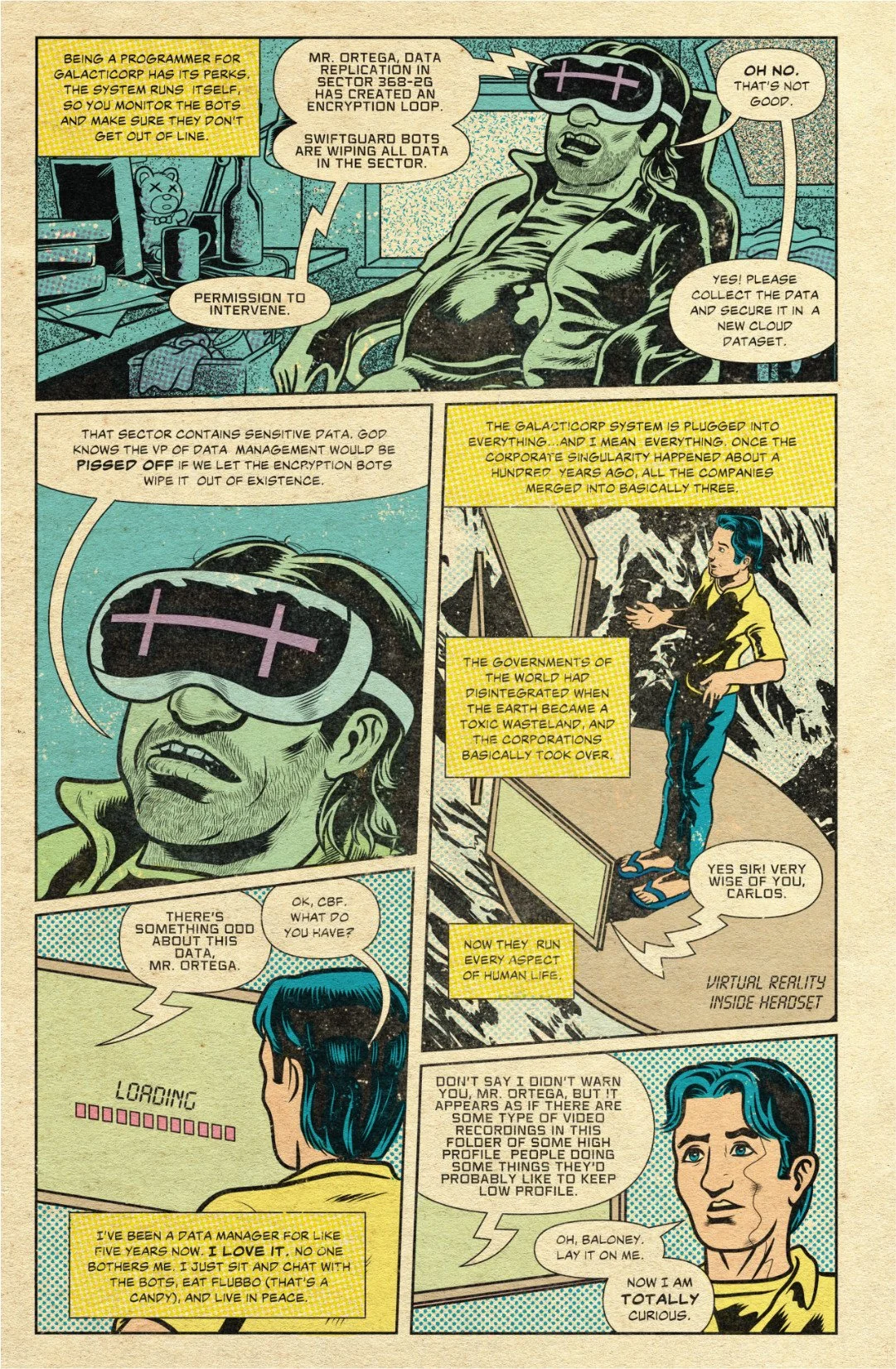 Comic page showing Carlos Ortega working as a VR data manager while learning GalactiCorp controls society and its systems are under attack.