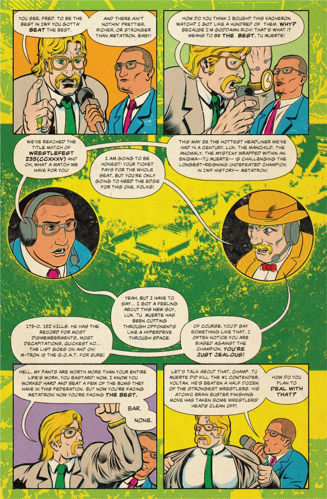 Comic page showing announcers hyping Tu Muerte’s title match against Metatron, the undefeated IWF champion with a deadly record.