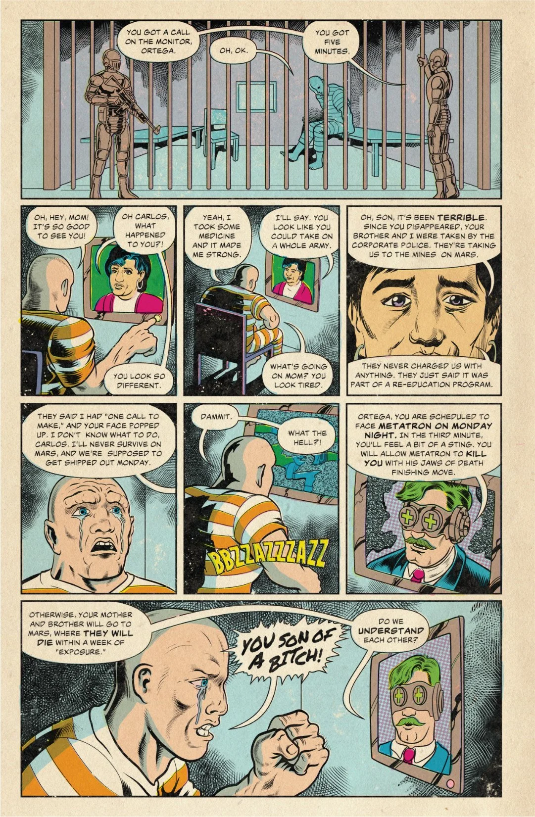 Comic page showing Carlos speaking with his mother from prison and learning GalactiCorp has taken his family hostage on Mars.