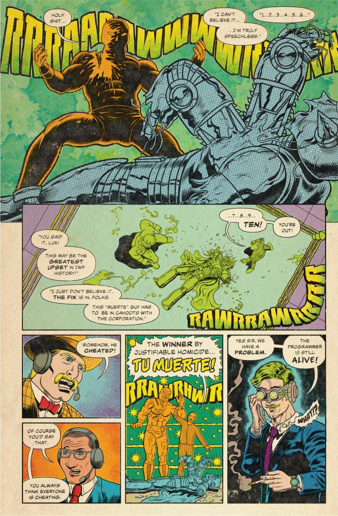 Comic page showing Tu Muerte defeating Voltan, winning the match, and shocking the announcers and GalactiCorp leadership.