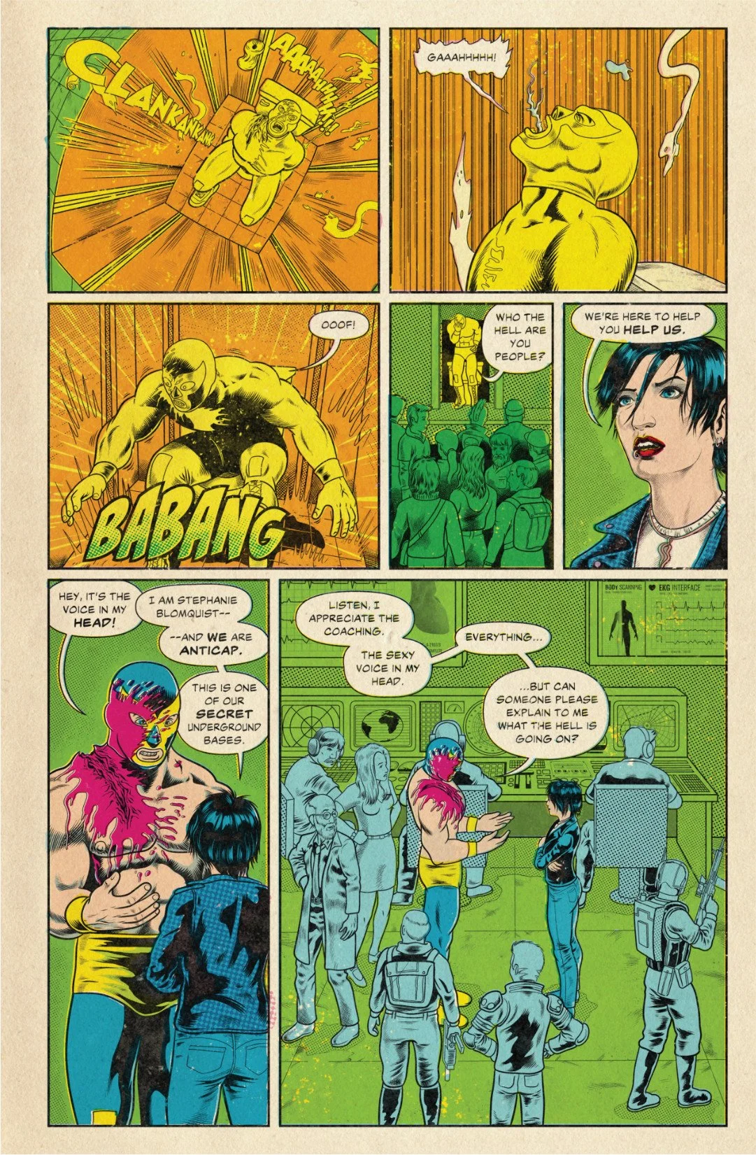 Comic page showing Tu Muerte entering a secret base, where Stephanie Blomquist and Anticap reveal they are helping him.