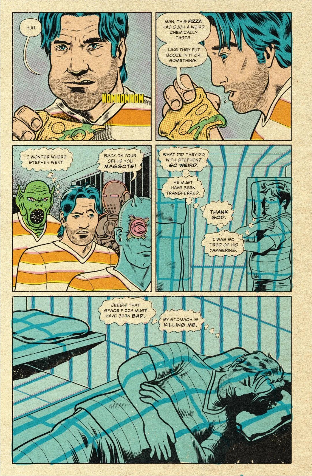 Comic page showing Carlos eating strange-tasting prison pizza, wondering where Stephen went, then lying sick in his cell.