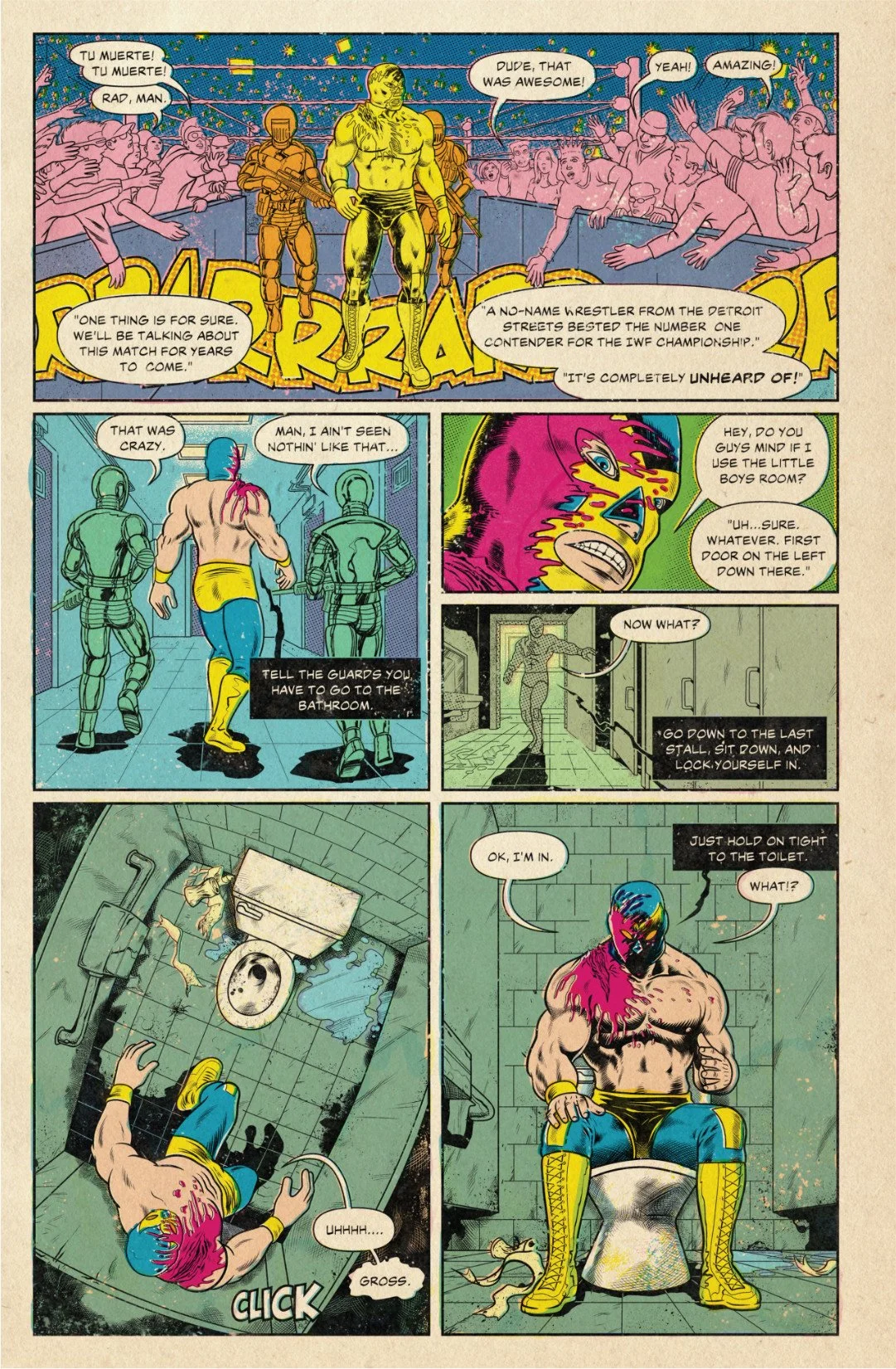 Comic page showing Tu Muerte celebrated by fans, then guided by a hidden voice to sneak away from guards and enter a restroom.