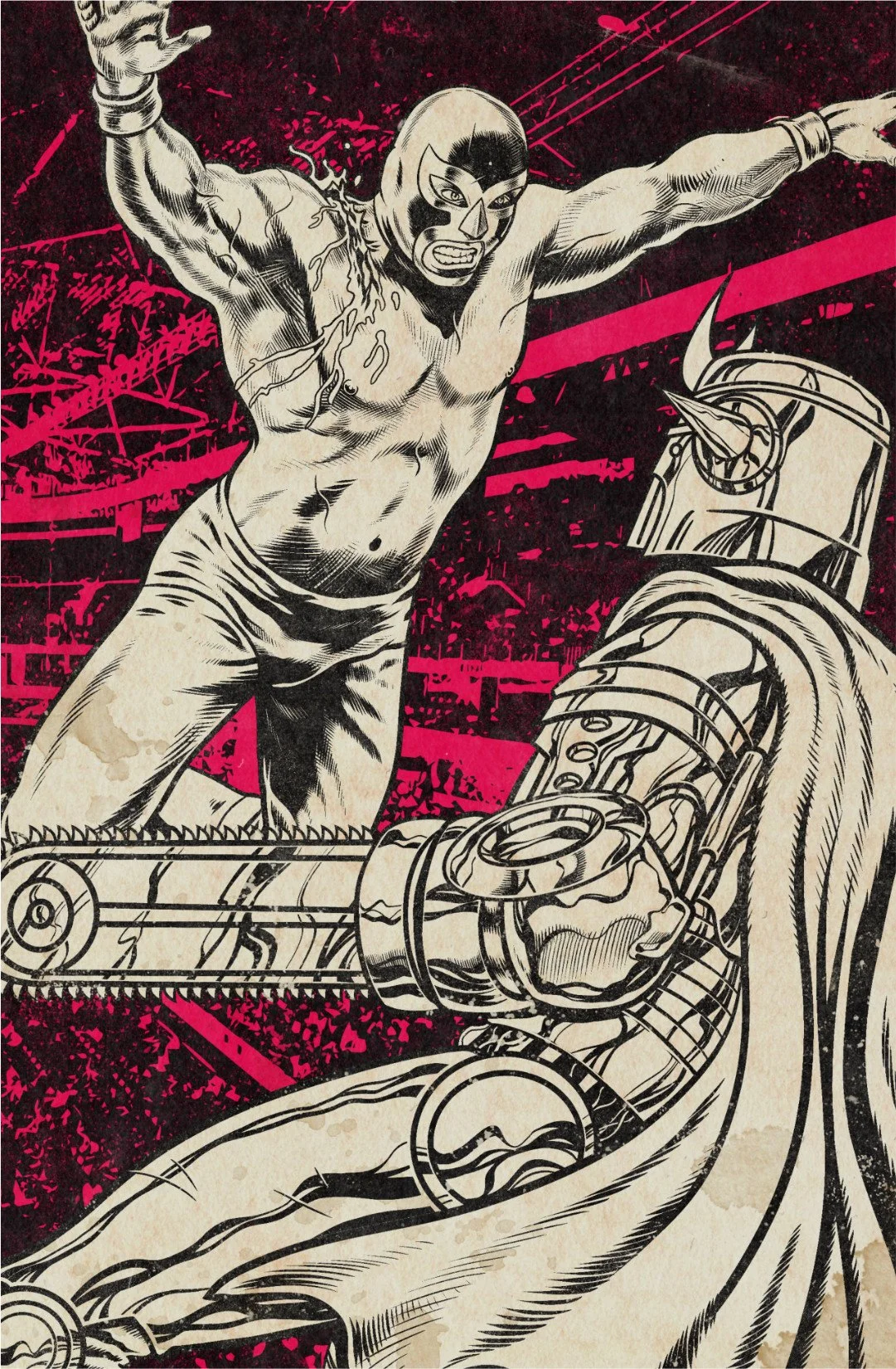 Back cover illustration showing Tu Muerte leaping toward Voltan in a black, white, and pink wrestling scene from the first issue.