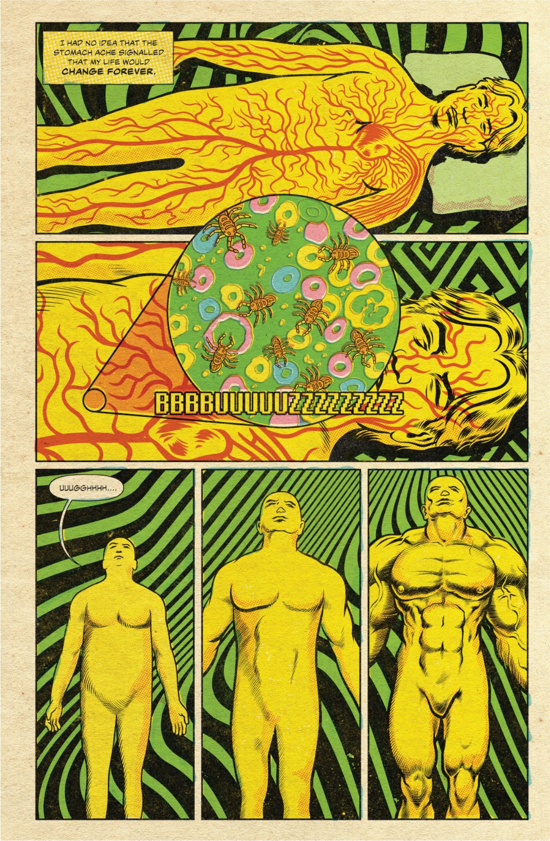 Comic page showing nanobots activating inside Carlos’s body, transforming him from an ordinary man into a muscular fighter.