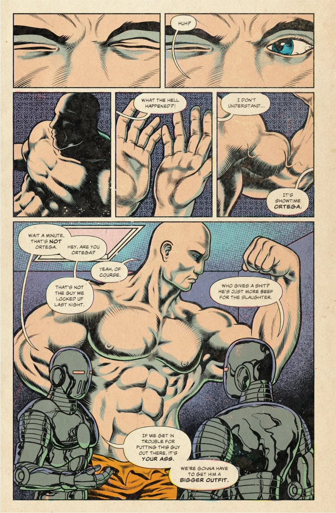 Comic page showing Carlos waking transformed, confused by his new body as prison guards decide to get him a bigger outfit.