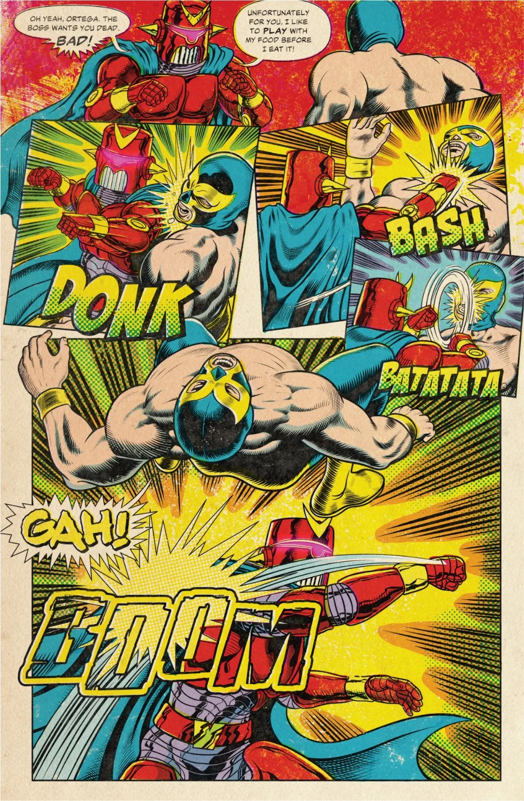 Comic page showing Voltan brutally attacking Tu Muerte in the ring with punches, kicks, and a powerful flying strike.