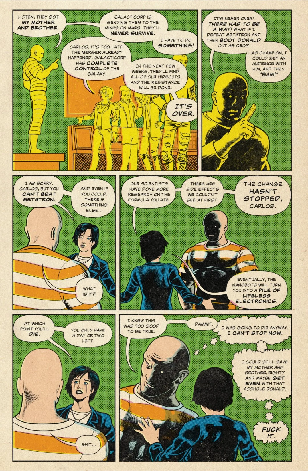 Comic page showing Stephanie warning Carlos he cannot beat Metatron and that the nanobots will soon turn him into lifeless electronics.