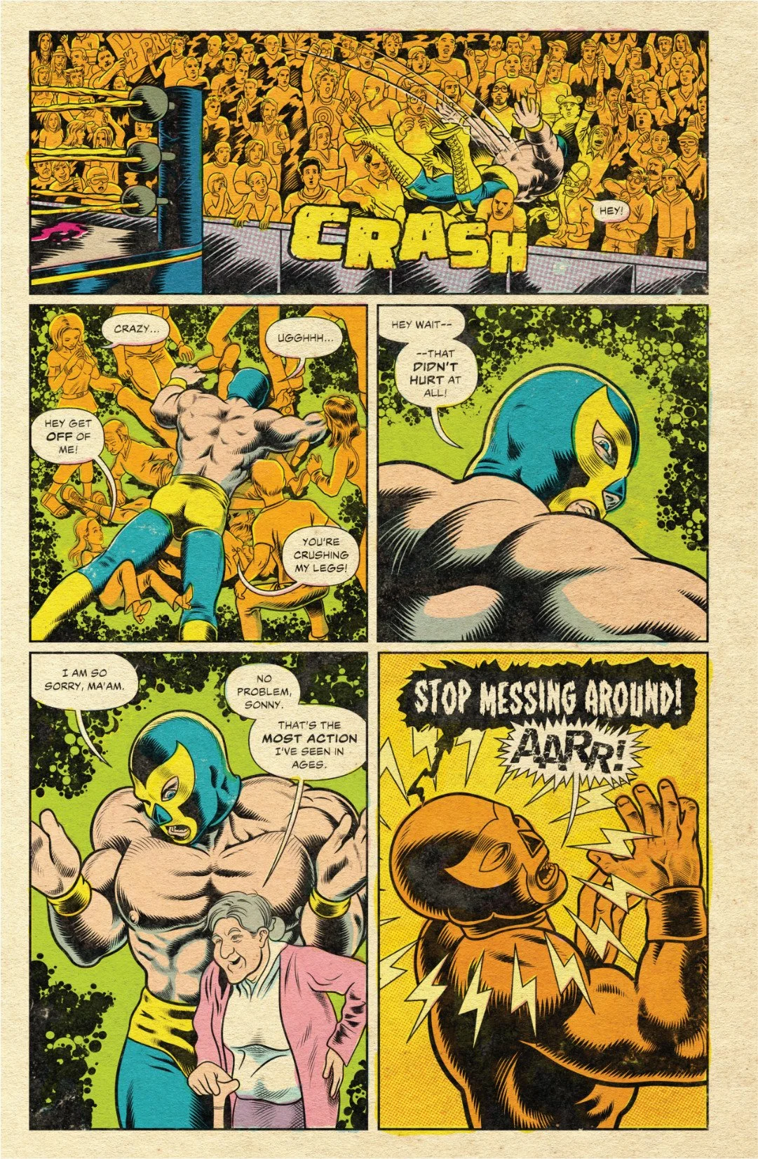Comic page showing Tu Muerte crashing into the crowd, apologizing to fans, then hearing a mysterious voice urge him to fight back.