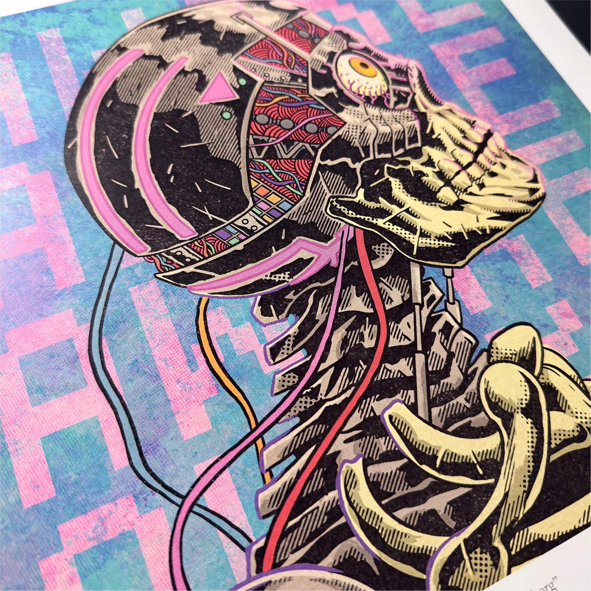 Angled close-up of the “Awake Cyborg” artwork showing the cybernetic skull, exposed circuitry, pink wires, and textured teal and pink background.
