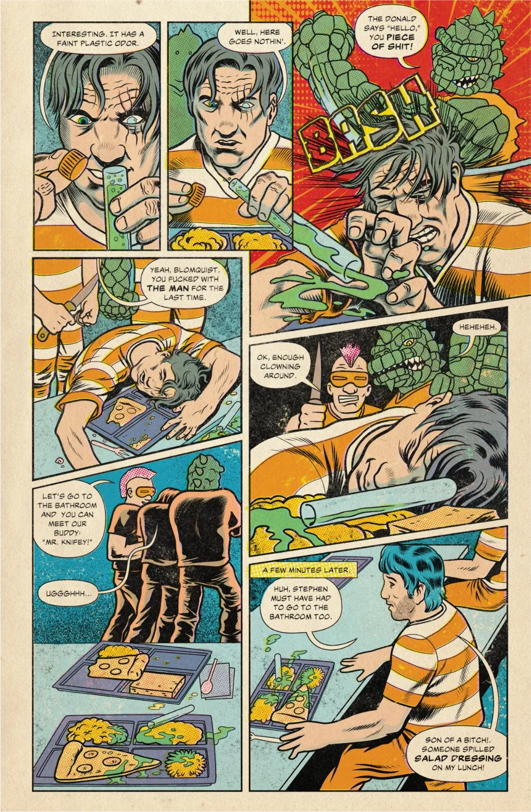 Comic page showing Carlos examining the nanotech formula before another prisoner attacks him and spills food across his lunch tray.