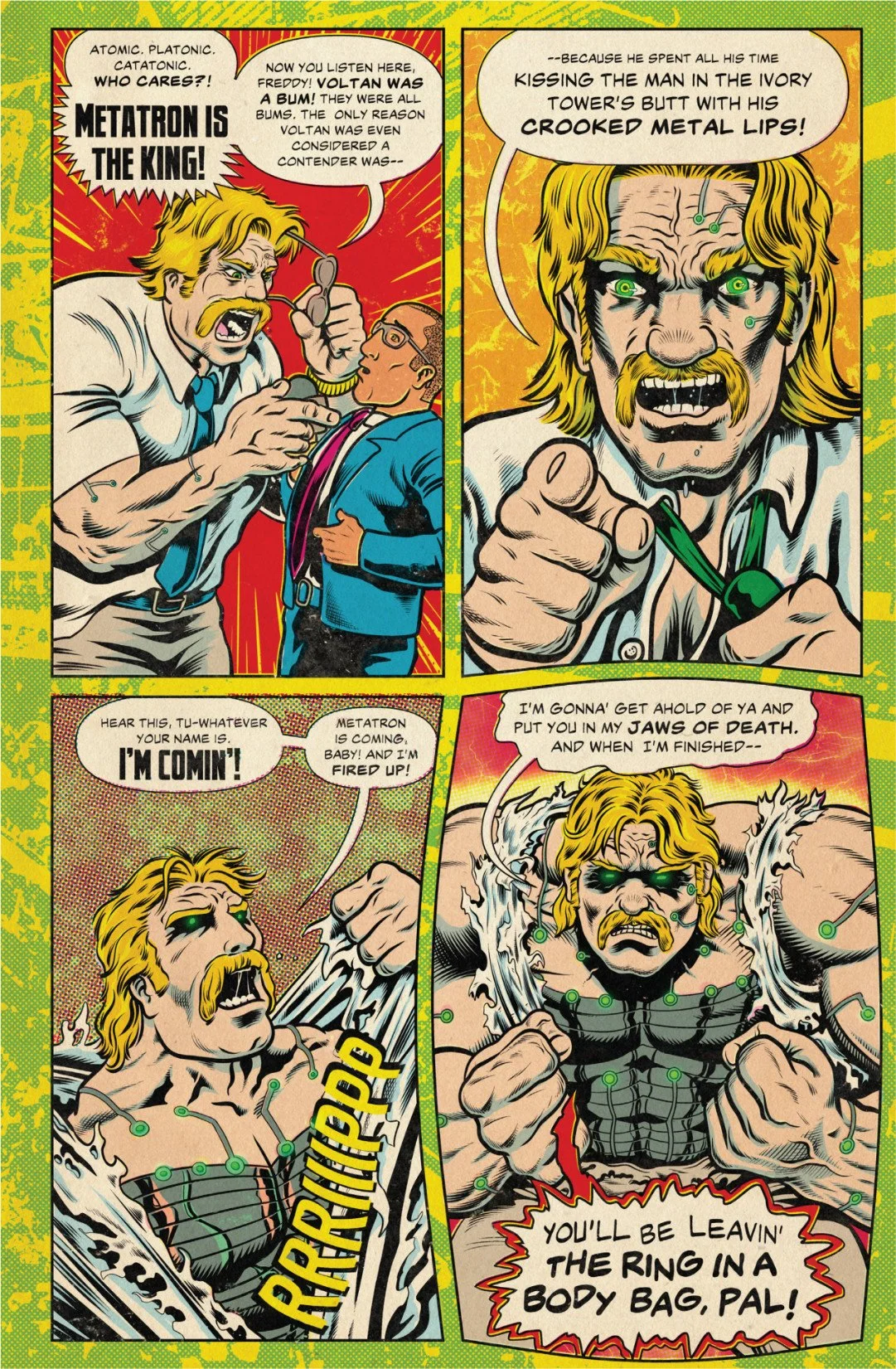 Comic page showing Metatron angrily declaring himself king and threatening Tu Muerte before their IWF championship match.