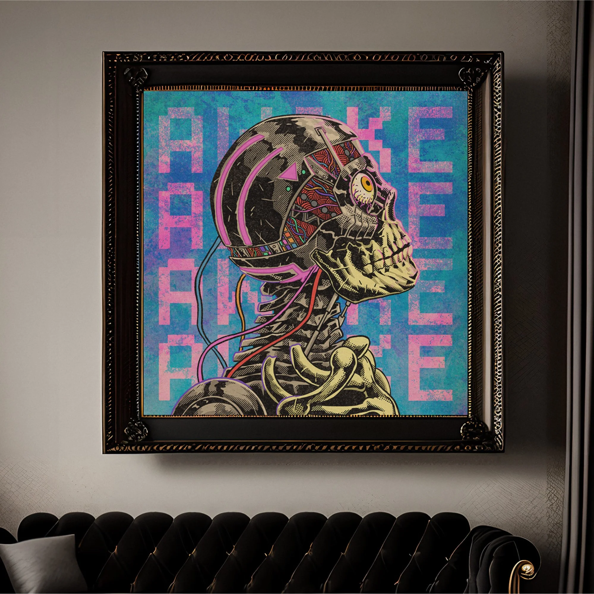 Framed “Awake Cyborg” art print displayed on a wall above a dark couch, showing how the limited-edition sci-fi skull print could look as framed wall art.