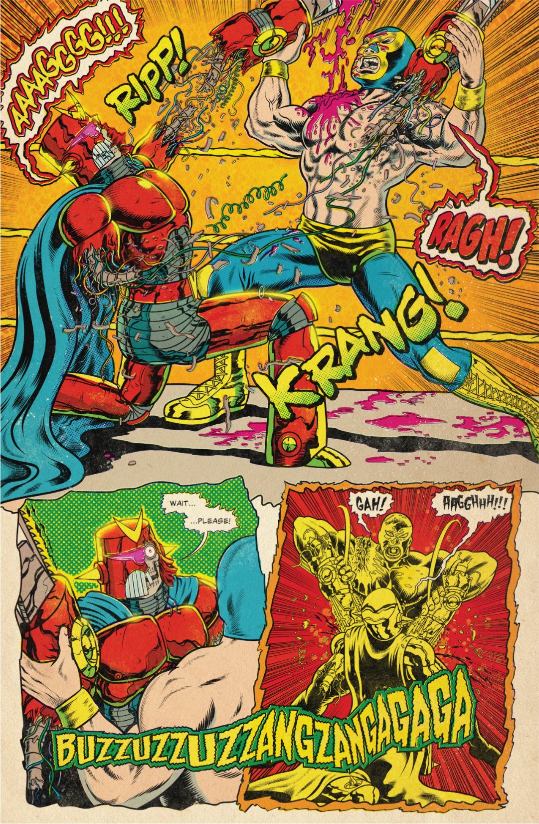 Comic page showing Tu Muerte ripping Voltan’s arms apart, destroying his weapons as the damaged robot begs for mercy.