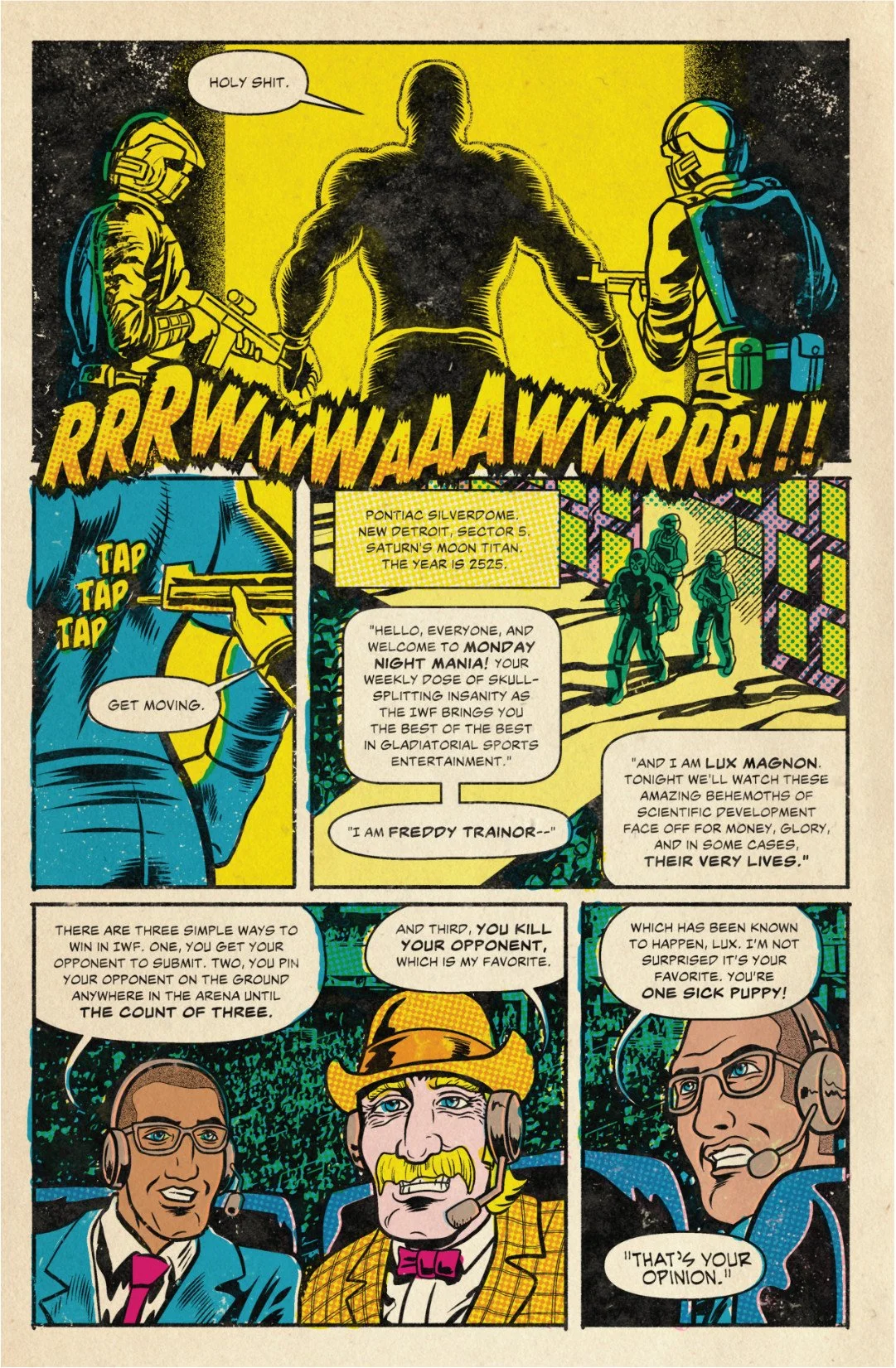 Comic page showing guards escorting Tu Muerte into the arena while announcers introduce Monday Night Mania and explain the brutal IWF rules.