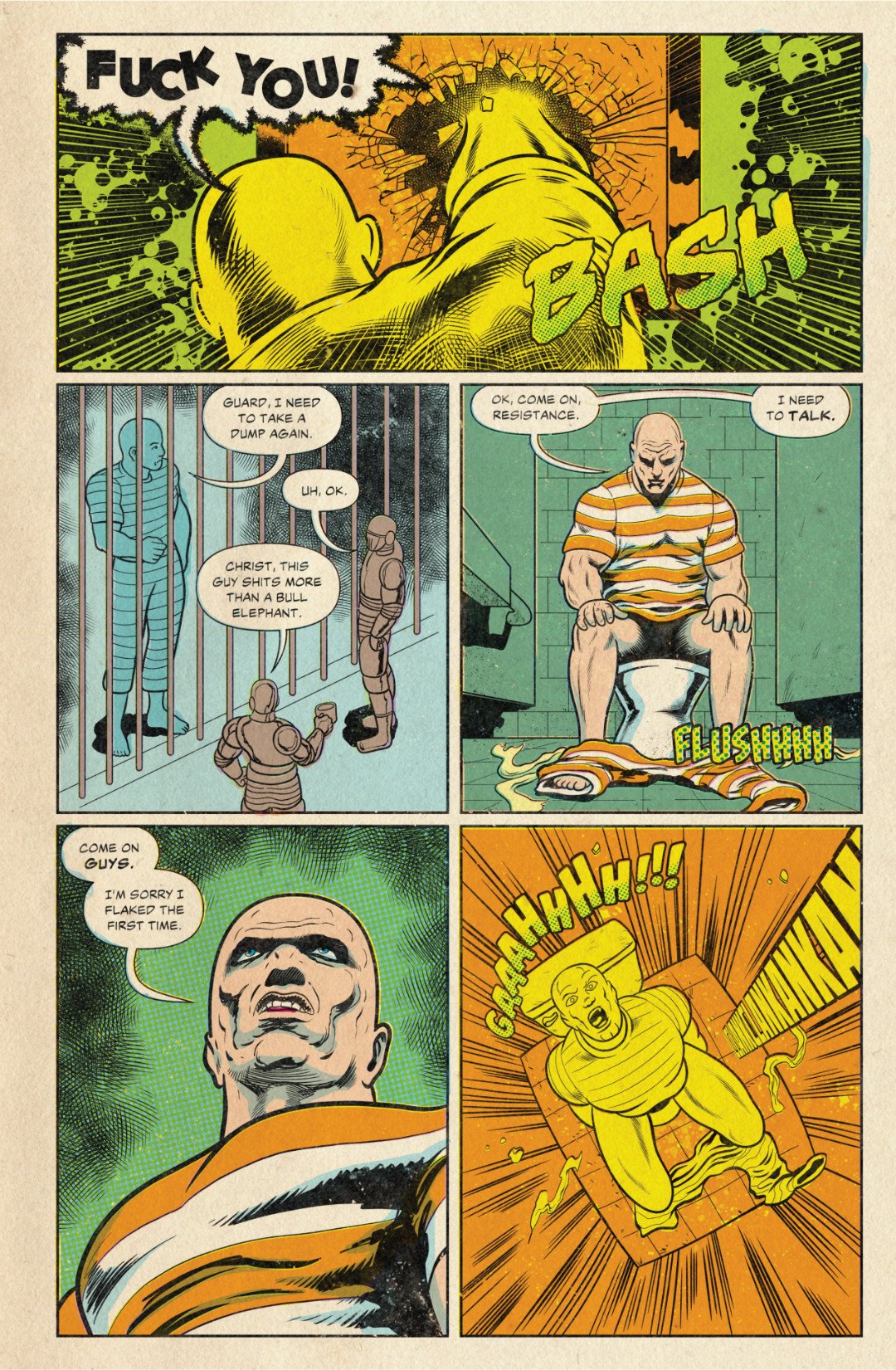 Comic page showing Carlos returning to the resistance through the bathroom passage after GalactiCorp threatens his mother and brother.
