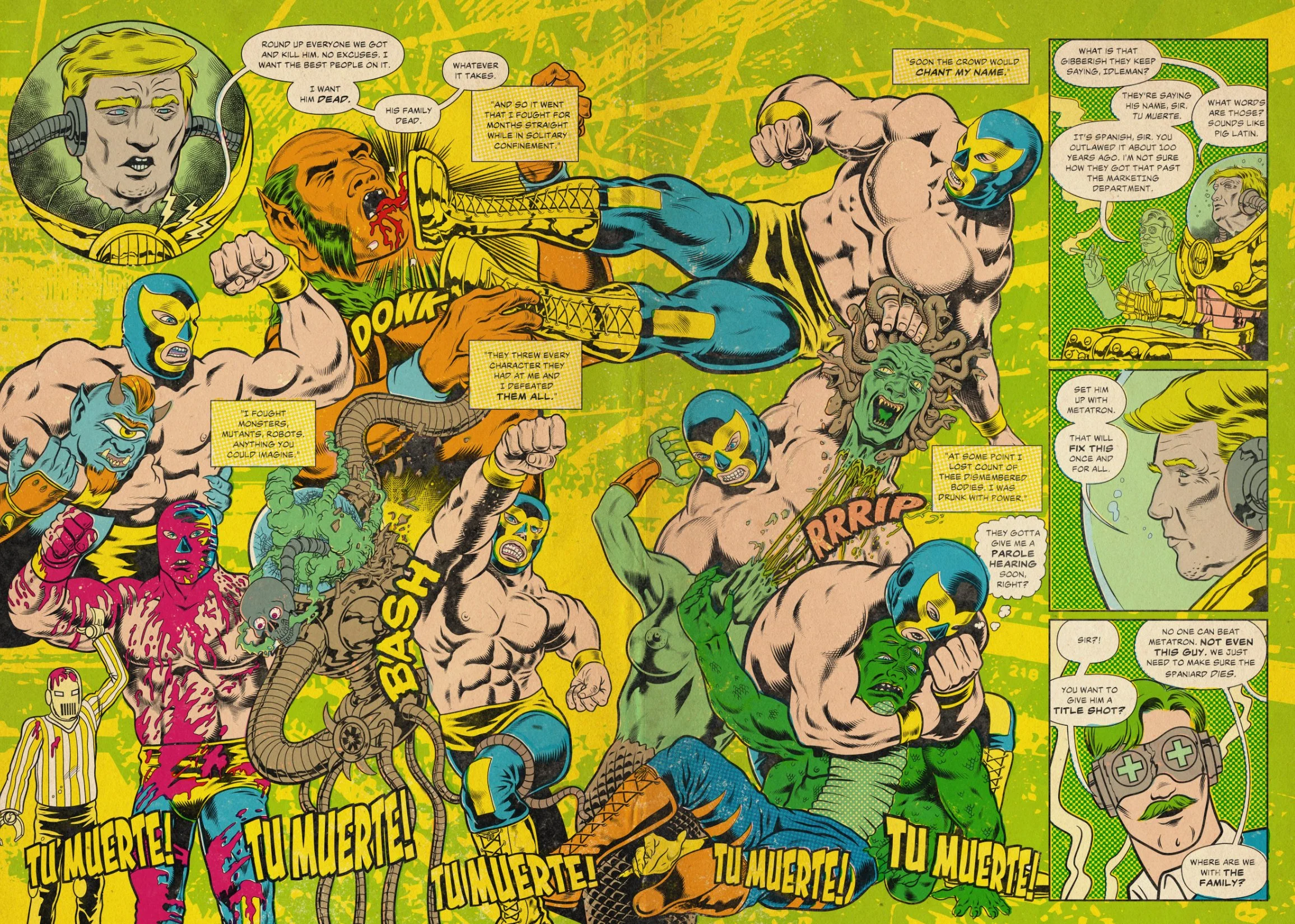 Comic page showing Carlos narrating months of brutal fights in solitary confinement as GalactiCorp sends monsters, mutants, and robots after him. Carlos gains fame as Tu Muerte while Donald orders a deadly new opponent, Metatron, to end him.