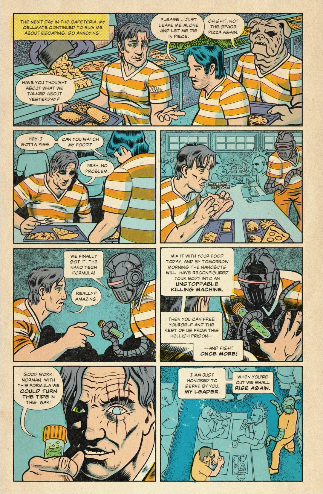 Comic page showing Stephen secretly giving Carlos a nanotech formula in the prison cafeteria, promising it will make him a fighter.