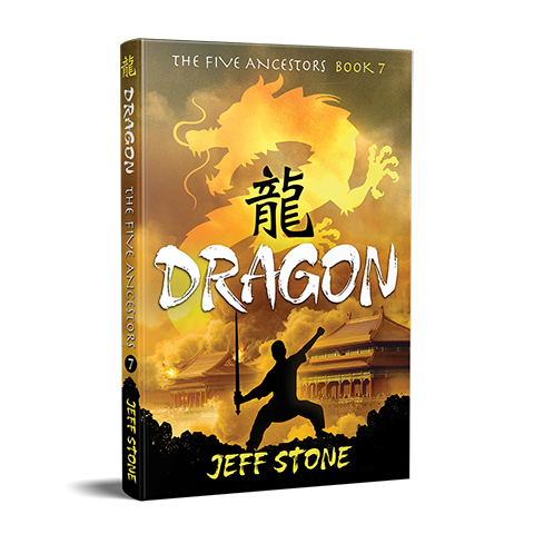 Book cover of DRAGON by Jeff Stone with silhouette of a boy holding a Tai Chi sword in front of a Chinese temple and the yellow smoke silhouette of a dragon overhead.