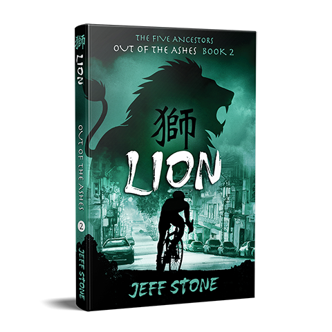 Book cover of LION by Jeff Stone with silhouette of a boy riding a road bike in San Francisco Chinatown and the turquoise silhouette of a lion overhead.