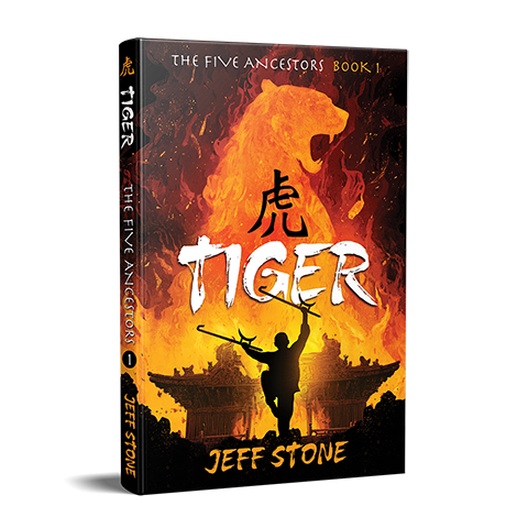 Book cover of TIGER by Jeff Stone with silhouette of a boy holding tiger hook swords in front of a burning Chinese temple and orange flame silhouette of a tiger overhead.