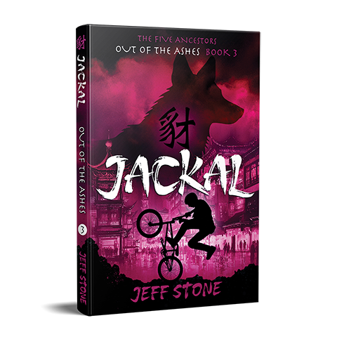 Book cover of JACKAL by Jeff Stone with silhouette of a boy doing a trick on a BMX bike on a street in China and the magenta silhouette of a jackal overhead.