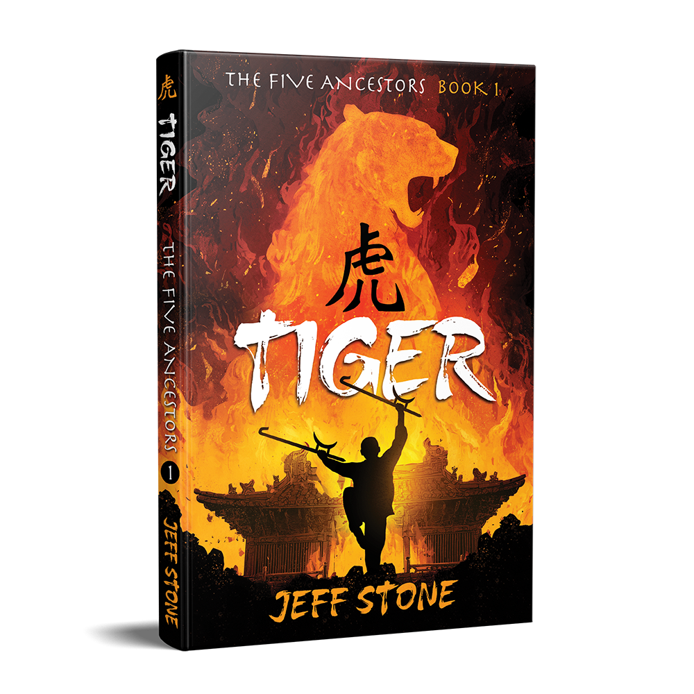 Book cover of TIGER by Jeff Stone with silhouette of a boy holding tiger hook swords in front of a burning Chinese temple and orange flame silhouette of a tiger overhead.