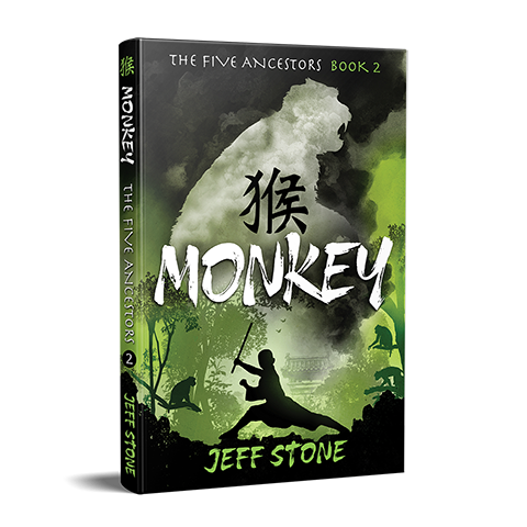 Book cover of MONKEY by Jeff Stone with silhouette of a boy holding a fighting stick in the forest and the green smoke silhouette of a monkey overhead.