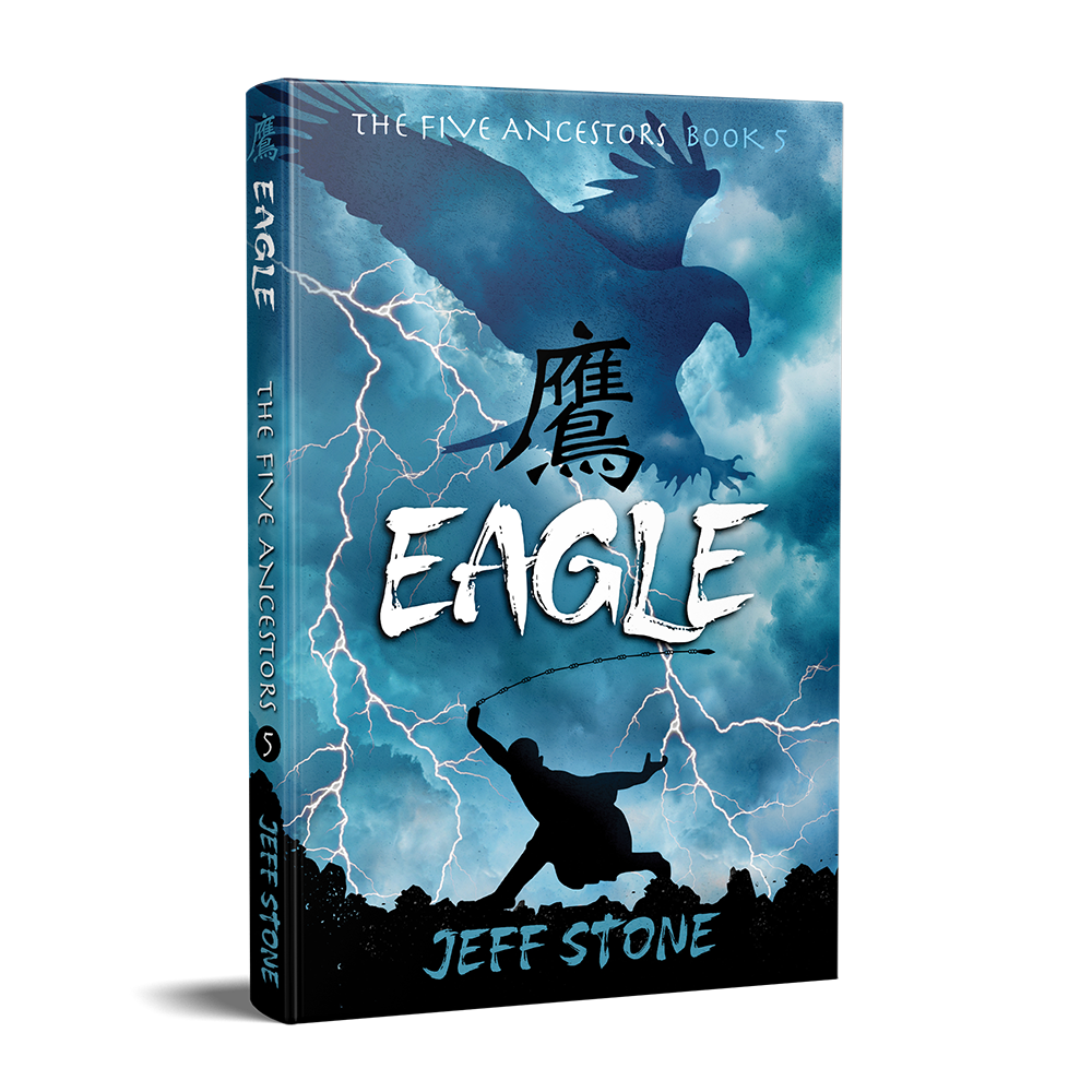 Book cover of EAGLE by Jeff Stone with silhouette of a boy swinging a chain whip atop a mountain and the blue cloud silhouette of a eagle and lightning overhead.