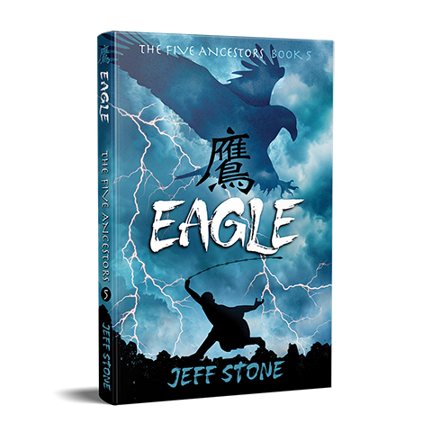 Book cover of EAGLE by Jeff Stone with silhouette of a boy swinging a chain whip atop a mountain and the blue cloud silhouette of an eagle and lightning overhead.