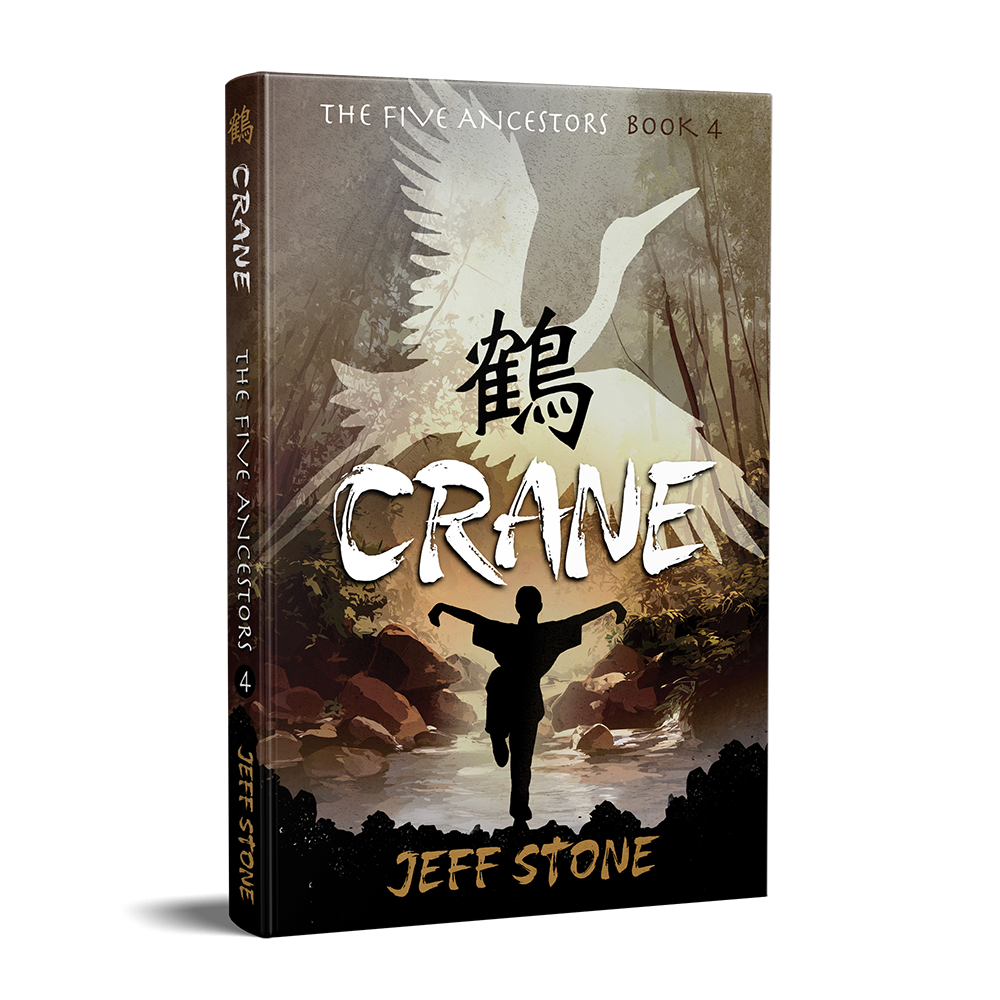 Book cover of CRANE by Jeff Stone with silhouette of a girl in a crane-style kung fu pose in front of a creek and the white misty silhouette of a crane overhead.