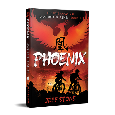 Book cover of PHOENIX by Jeff Stone with silhouettes of a boy and girl riding mountain bikes in front of a burning Chinese temple and the red silhouette of a phoenix overhead.
