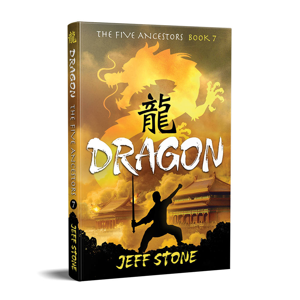 Book cover of DRAGON by Jeff Stone with silhouette of a boy holding a Tai Chi sword in front of a Chinese temple and the yellow smoke silhouette of a dragon overhead.