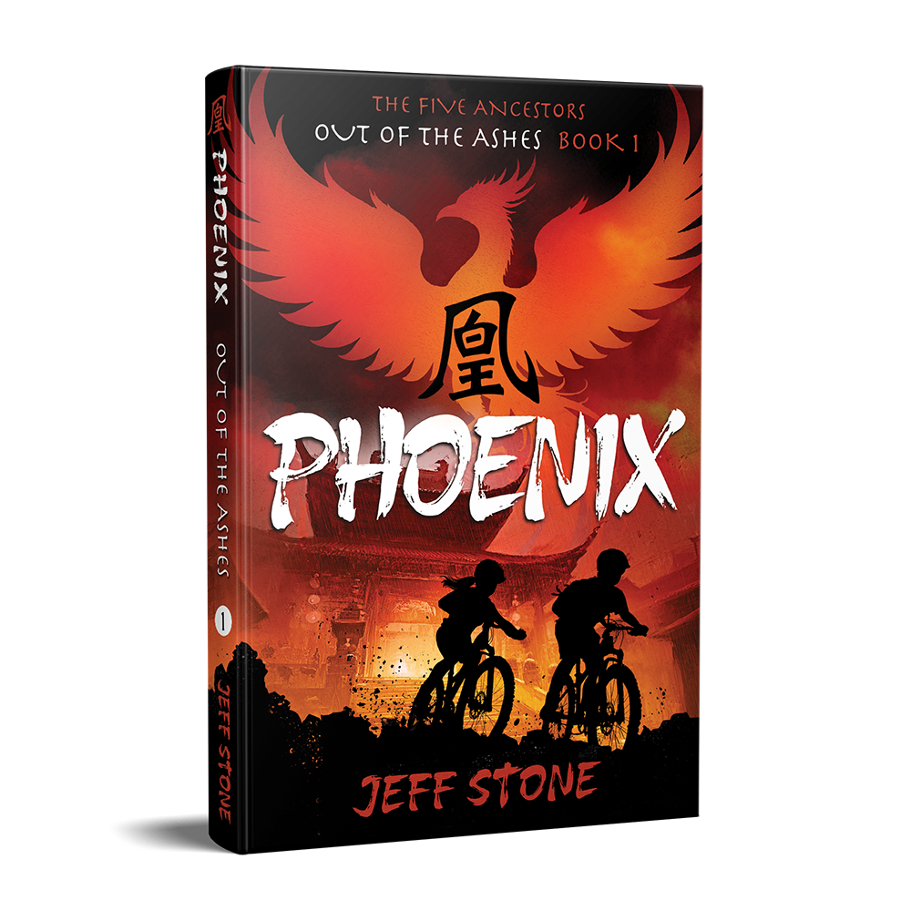 Book cover of PHOENIX by Jeff Stone with silhouettes of a boy and girl riding mountain bikes in front of a burning Chinese temple and the red silhouette of a phoenix overhead.
