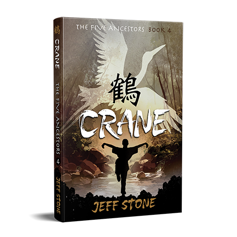Book cover of CRANE by Jeff Stone with silhouette of a girl in a crane-style kung fu pose in front of a creek and the white misty silhouette of a crane overhead.