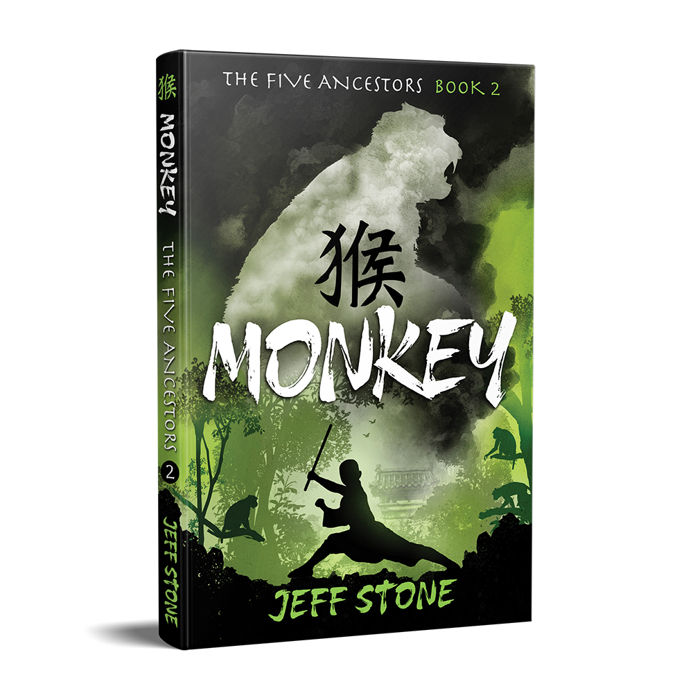 Book cover of MONKEY by Jeff Stone with silhouette of a boy holding a fighting stick in the forest and the green smoke silhouette of a monkey overhead.