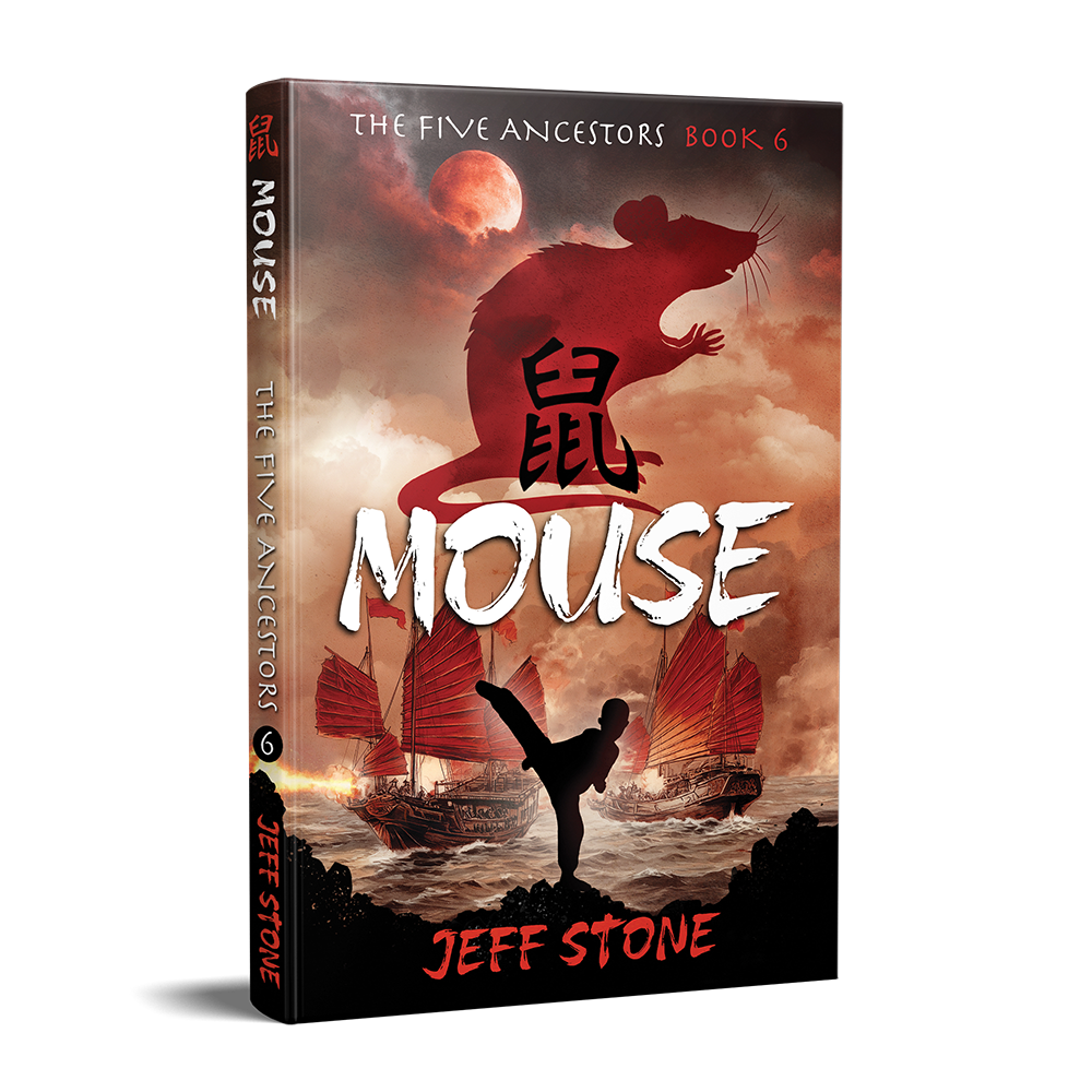 Book cover of MOUSE by Jeff Stone with silhouette of a boy doing a kung fu kick in front of two Chinese war junks and the red smoke silhouette of a mouse overhead.